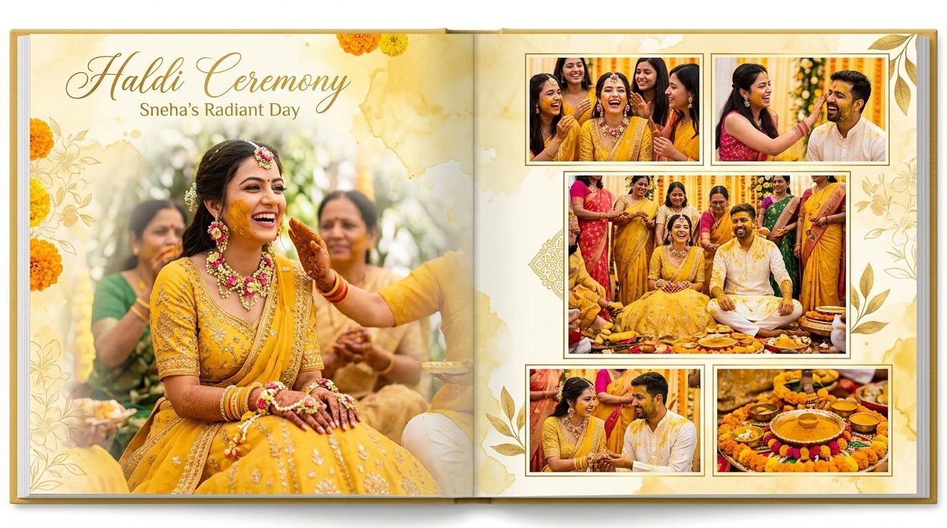 Luxury Haldi Ceremony Wedding Album Spread Template