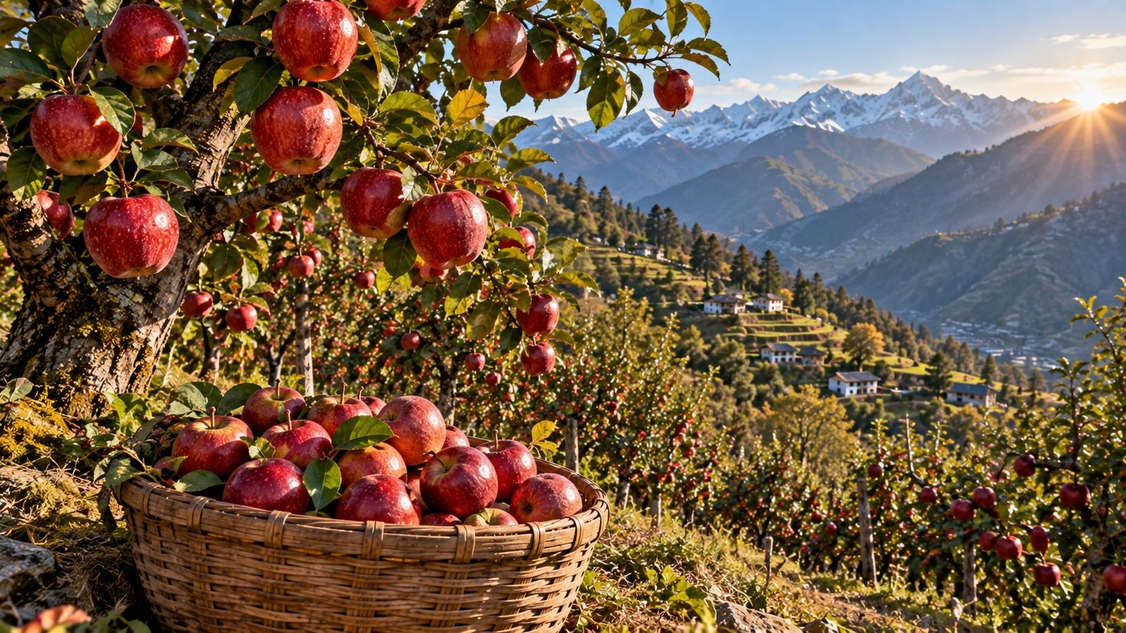 Red apples growing in Uttarakhand Himalayan orchard