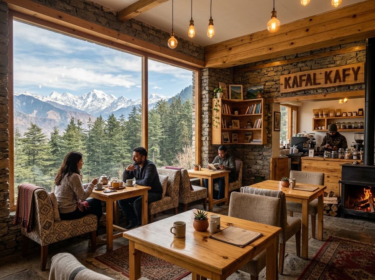 Warm Cozy Mountain Cafe Interior with Himalayan Views