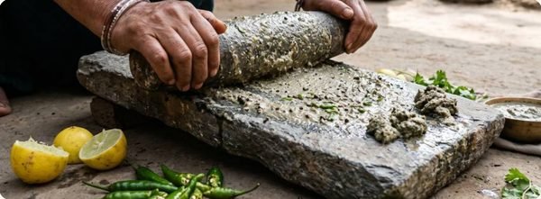 सिलबट्टे पर भांग की चटनी पीसते हुए