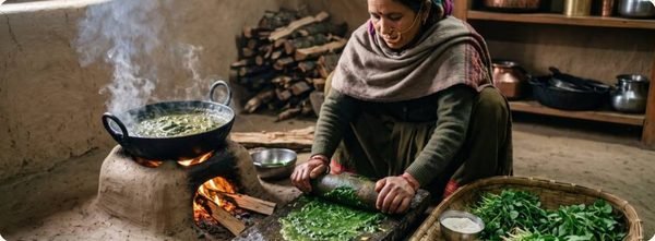 चूल्हे पर काफुली बनाते हुए