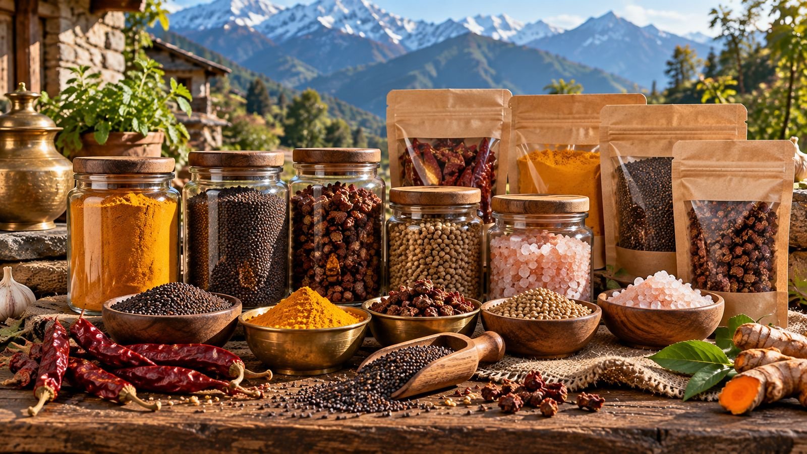 Pahadi spices from Uttarakhand — turmeric, chilli, timur and seeds in jars and pouches