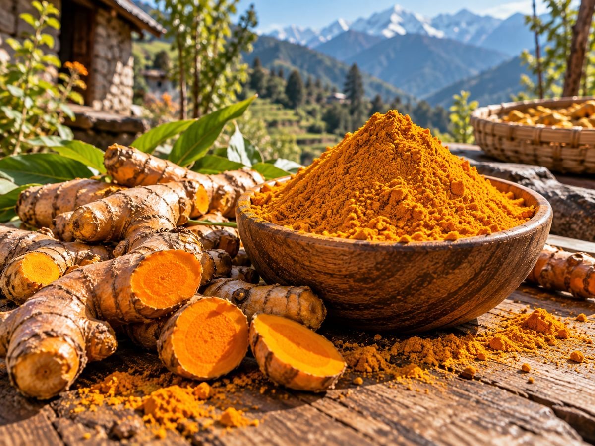 Traditional Pahadi Haldi turmeric root and powder from Uttarakhand