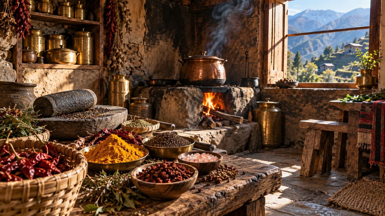 Traditional Pahadi kitchen in Uttarakhand with chulha, brass utensils and stone grinder