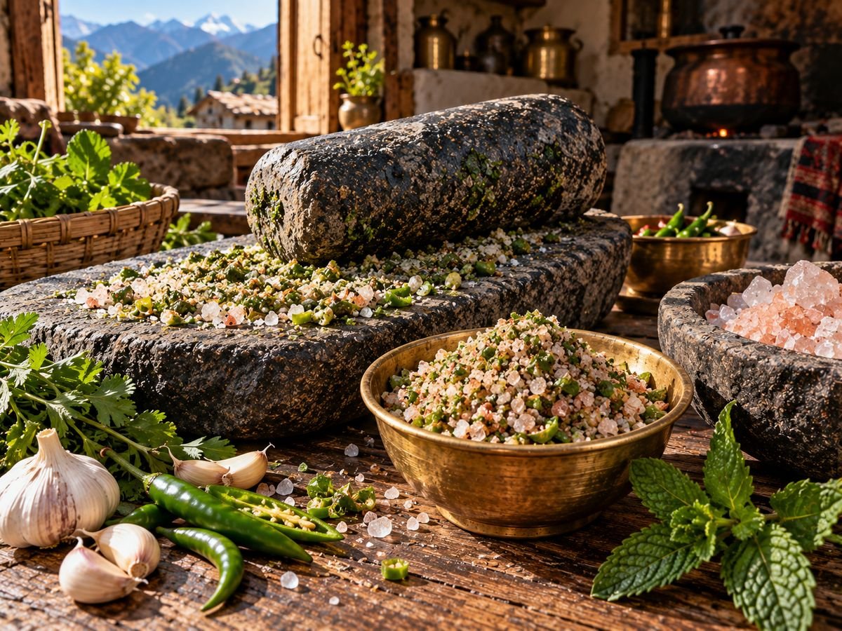 Traditional Pahadi Namak ground on a stone sil-batta with herbs