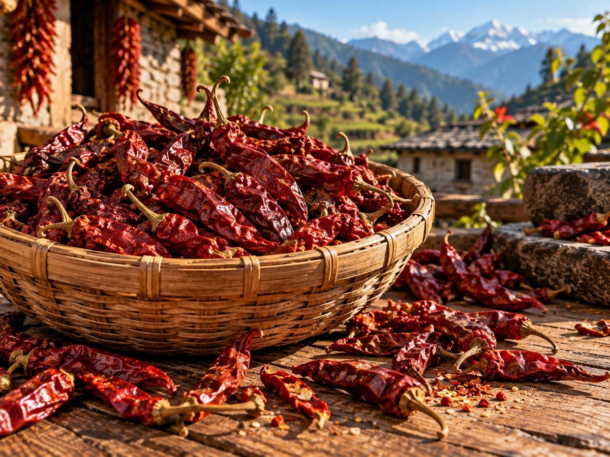 Sun-dried Pahadi red chillies in a cane basket from Uttarakhand