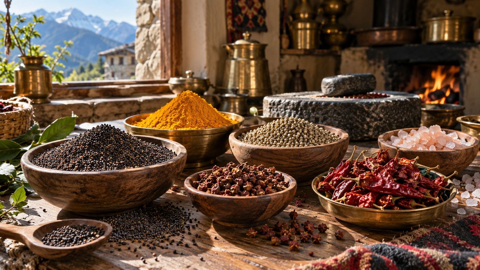 Traditional Uttarakhand spices in wooden and brass bowls in a Pahadi kitchen