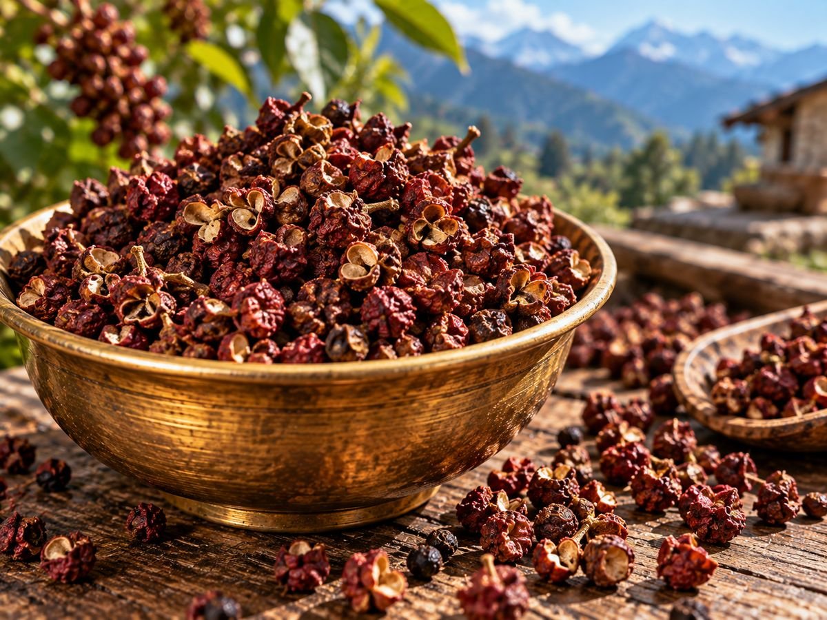 Authentic Timur Himalayan spice in a brass bowl